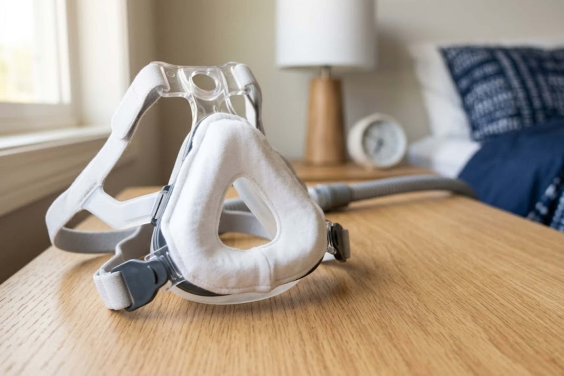 CPAP mask liner fitted over a full-face mask cushion on a bedside table 